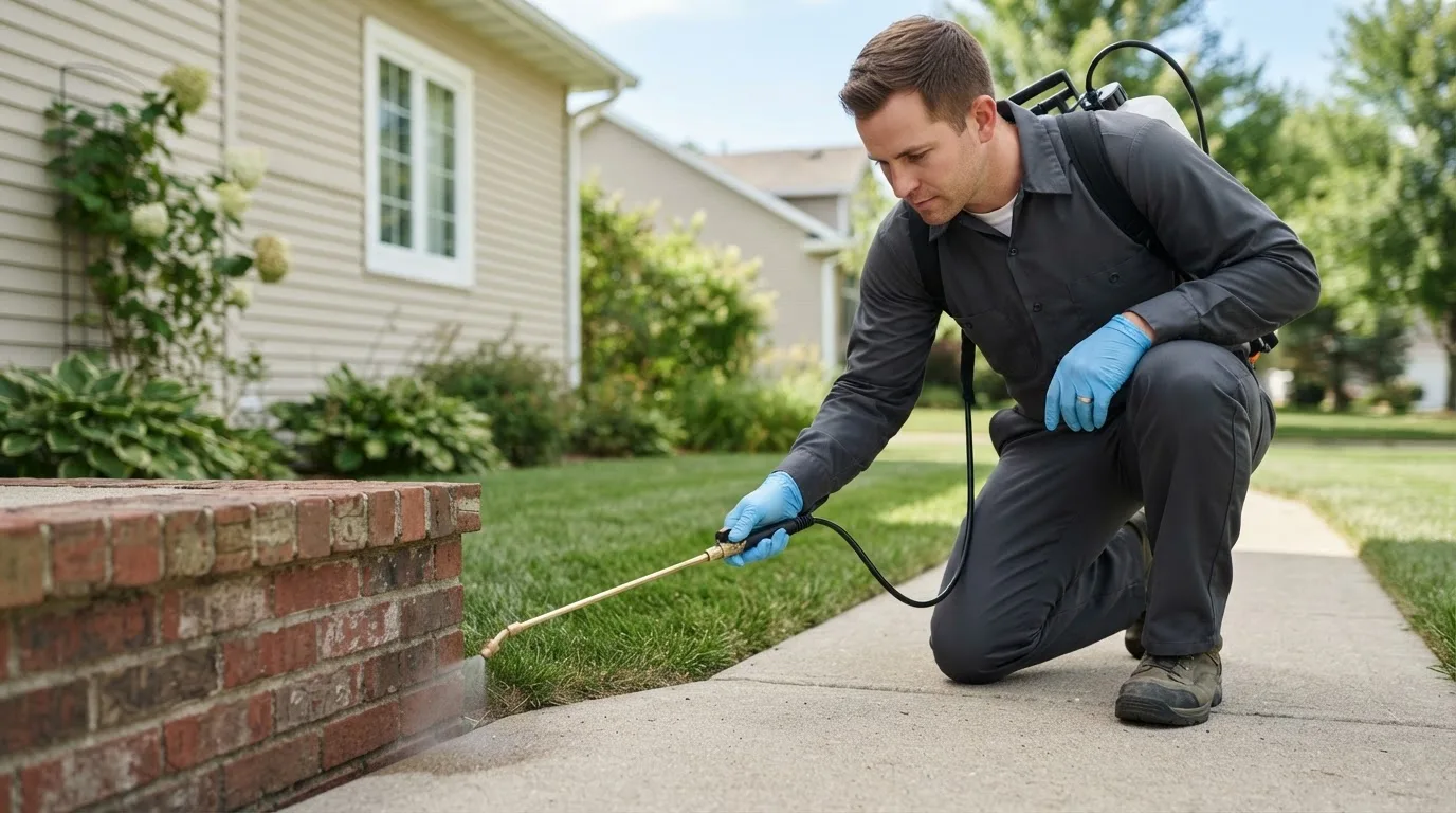 Pest control technician treating a home near Sheridan, MI
