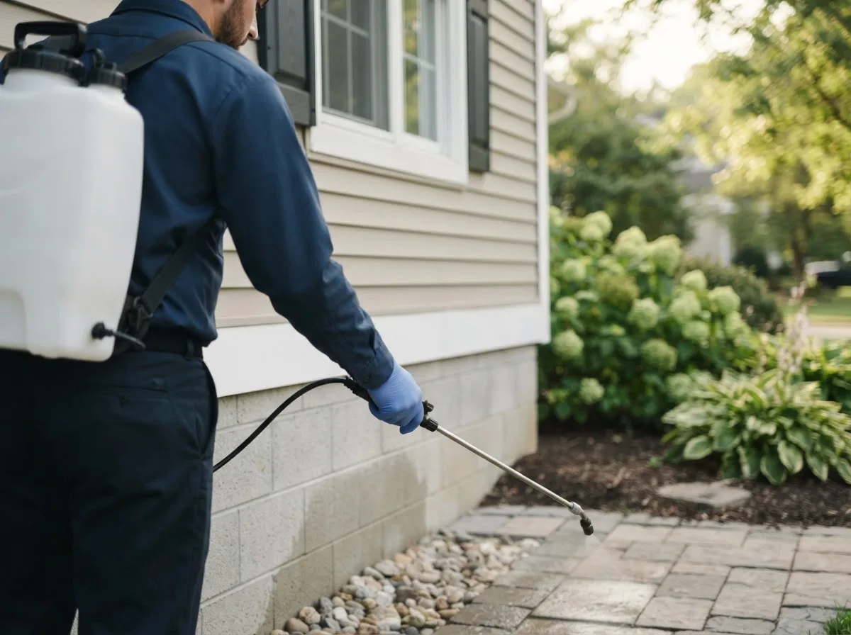 Pest control technician inspecting a home in Sheridan, MI